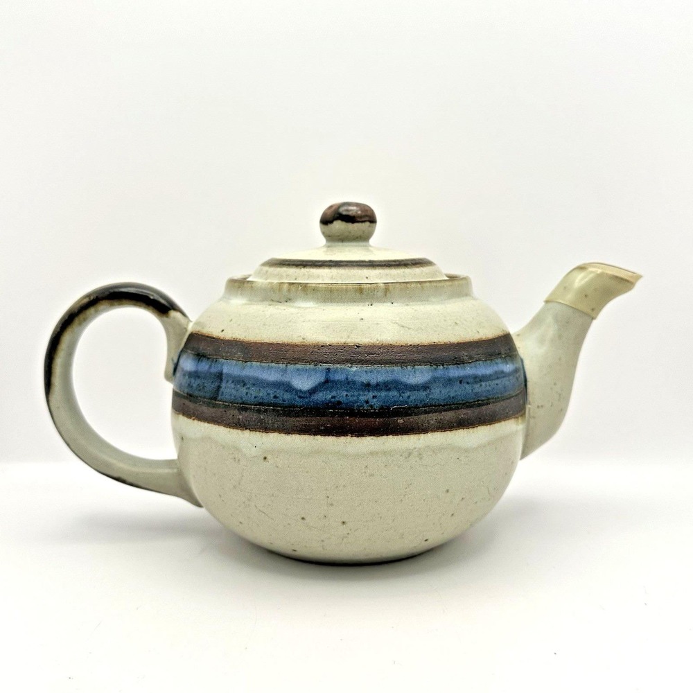 Vintage Otagiri Horizon Stoneware Teapot Japan Blue Brown Stripe 5 Cup